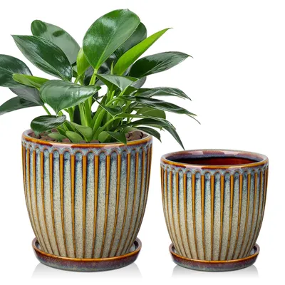 Image de Omgoods - Ensemble de 2 pots de fleurs en céramique avec soucoupes, design moderne