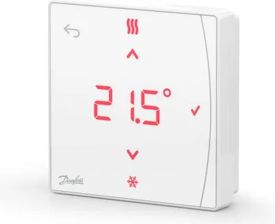 A white digital thermostat with a red LED display showing the temperature.