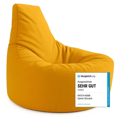 A yellow beanbag chair is shown against a white background, with a small overlay indicating a product review.