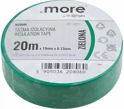 Zdjęcie produktu dla MOCNA TAŚMA IZOLACYJNA IZOLACJA PVC 19mm x 20m SAMOGASNĄCA ZIELONA ECOLIGHT