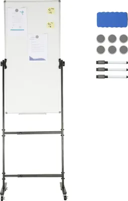 Zdjęcie produktu dla SucceBuy Rolling Magnetic Whiteboard, dwustronna mobilna tablica suchościeralna 24x48 cali, regulowana wysokość z kółkami, zawiera 1 gumkę magnetyczną, 3 markery i ruchomą tacę do biura lub szkoły