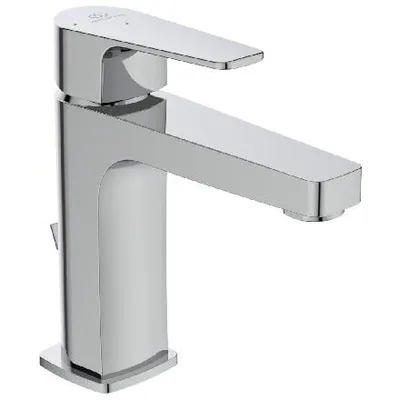 A studio shot of a chrome faucet on a white background.