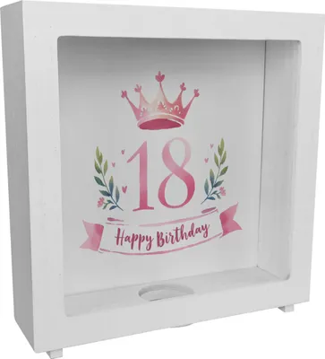 Produktbild von Happy Birthday 18 Krone Rahmen Spardose aus Holz
