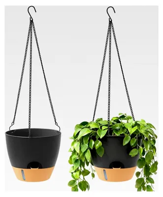Produktbild von 2 Stück Selbstbewässernde Hängetöpfe, Hängender Blumentopf Schwarz mit Bewässerungssystem, Blumenampel mit Kette, Hängeblumentöpfe aus Kunststoff für Innen- und Außenbereich