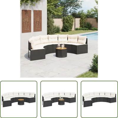 Produktbild von The Living Store Gartensofa mit Tisch und Kissen Halbrund Schwarz Poly-Rattan