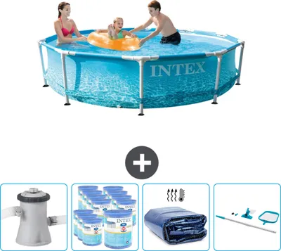 Produktbild von Intex Rundrahmen-Schwimmbecken – 305 x 76 cm – Wasserdruck – inklusive Pumpe Filter - Sonnensegel - Reinigungskit