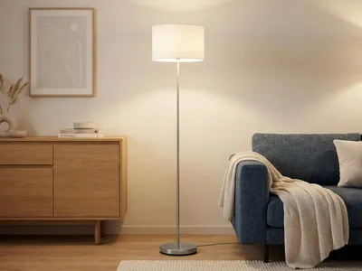 Produktbild von Trio Leuchten - Moderne längliche Stehlampe Nickel matt mit weißem Schirm - Hotel I Wohnzimmer I Schlafzimmer - Metall Rund I Länglich - LED geeignet E27