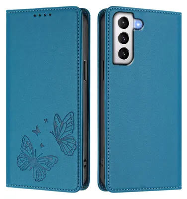 Produktbild von Lederhülle für Samsung Galaxy S21 5G, Schmetterling Prägung Leder Brieftasche Schutzhülle mit Ständer Blau