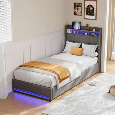 Produktbild von ProximaX Graues Polsterbett 90×200 cm – Mit LED-Beleuchtung, USB- & Type-C-Anschluss und 4 Schubladen unter dem Bett – Praktisch & komfortabel