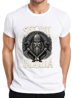 Zdjęcie produktu dla Koszulka "Widzę się w Walhalli", Wiking, Wojownik, Odin, Kruki, Mitologia Nordycka, Mężczyźni, Biała, Rozmiar XL