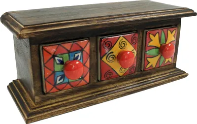 Produktbild von Apothekerschränkchen mit Bunten Keramik Schubfächern, Gewürzkiste - 3 Fächer Modell 1, Braun, Holz, 10*24*9 cm, Dosen, Boxen & Schatullen