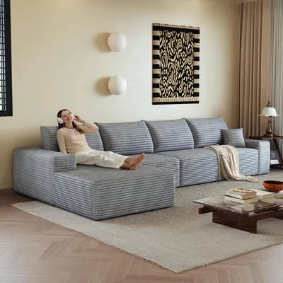Produktbild von Modulares Ecksofa ohne Armlehnen, 340 cm, L-Form, tiefe Sitzfläche, ohne Montage, Kompaktsofa (Grau)