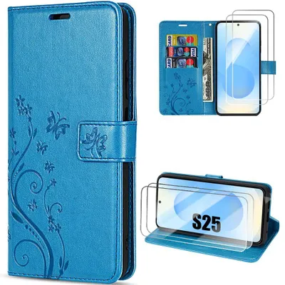 Image de Coque + 2 Verres Trempés pour Samsung Galaxy S25, Protection Rabat Antichoc Synthécuir Relief Floral Artistique - Bleu