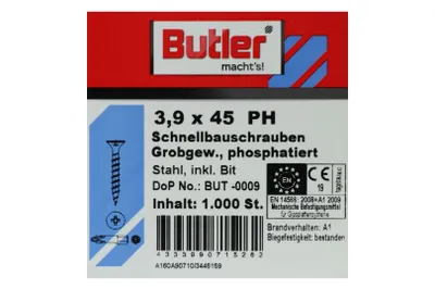 Produktbild von Butler macht's! Schnellbauschrauben inkl. Bit für Holz auf Holz, Grobgewinde, PH2, 3,9 x 45 mm, 1.000 Stück