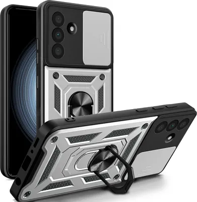 A product shot of a phone case with a ring holder, shown from two angles.