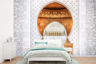 Produktbild von MuchoWow® Fototapete für Wohnzimmer oder Schlafzimmer Wandtapete Vinyl Motivtapete Tor - Architektur - Weiß - Gold - 600x400 cm - Vinyltapeten