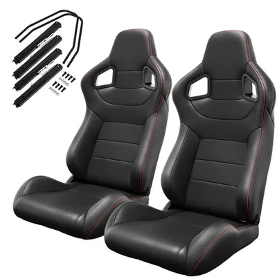 Imagen del producto de AIORBER, juego de 2 asientos universales para carreras, fabricados en PVC de imitación cuero, asientos de coche ajustables con deslizador y respaldo reclinable de 90 a 180 grados, con costuras decorativas rojas, color