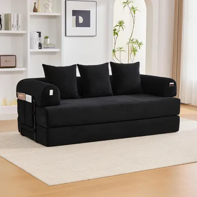 Image de MODFU Canapé Convertible Modulable avec Poche Latérale et Coussins Inclus, Cadre Métallique, Velours Côtelé, Noir - 200×94×67 cm