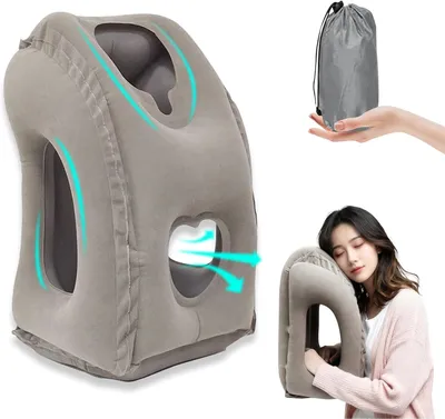 Image de Coussin de voyage gonflable, support cervical en néoprène, inclinaison de 45 degrés, couleur grise, pour avion