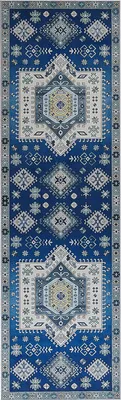 Produktbild von BELIANI Teppich Blau / Beige Polyester 60 x 200 cm Kurzflor mit geometrischem Muster Maschinengewebt Rechteckig Wohnzimmer Flur Modern