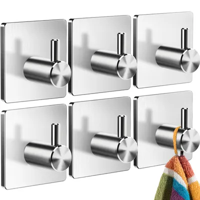 Image de Crochets pour serviettes sans perçage, couleur argent – Lot de 6 crochets pour serviettes en acier inoxydable à fixation adhésive, résistants à l'eau, crochets pratiques pour la salle de bains