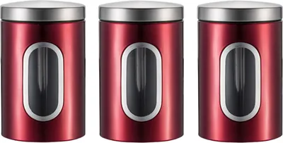 Produktbild von 3 Stück Edelstahl Vorratsdosen Set, 1.2L Hohe Kapazität Müslidosen Kaffeedosen Geeignet für Getreide, Kaffeebohnen, Tee, Snacks（Rot）