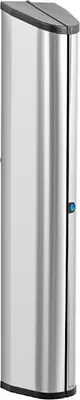 A tall, narrow, metallic storage box with a dark top and a small blue button on the side.