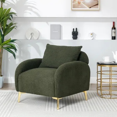 Obrázok produktu pre Merax Čalúnené kreslo so zlatými kovovými nohami a zadnými vankúšmi, Teddy Velvet Relax Chair Lounger Sofa Single, olivovo zelená