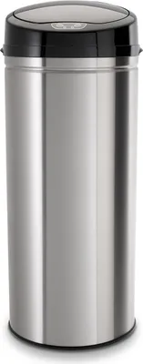 A stainless steel trash can with a black lid and sensor.
