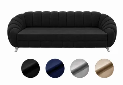 Zdjęcie produktu dla 3-osobowa rozkładana sofa Verno z funkcją spania i schowkiem na pościel – nowoczesna, elegancka sofa tapicerowana w stylu glamour, wygodna, 285 cm do salonu, czarna