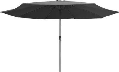 A black patio umbrella is shown against a white background.