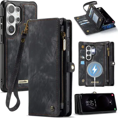 Produktbild von Schutzhülle für Samsung Galaxy S26 Ultra, Vintage Multifunktions Lederhülle, Kartenfächer, Reißverschluss Hülle Schwarz