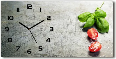 Produktbild von Wanduhr aus Glas – 60x30 cm - Glasbild - Glasuhr - Gehärtetes Glas - schwarze-zeiger - Tomaten und Basilikum