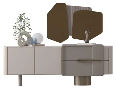 Image de Commode de style moderne, couleur beige, avec cadre en bois, design minimaliste