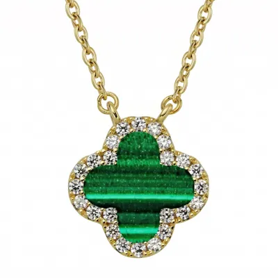 Produktbild von Damen Halskette Kleeblatt aus 925 Sterling Silber Gold – Edle Kette mit grünem Malachit-Imitat & Zirkonia – Glücksbringer Anhänger