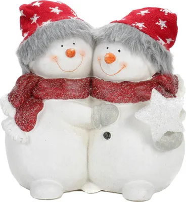 Produktbild von 2 weihnachtliche Schneemänner mit Kunsthaaren und echter Strickmütze, Indoor freistehende Weihnachtsfigur Schneemann, ca. 31 cm groß
