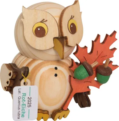 Produktbild von Drechslerei Kuhnert - Mini-Eulen aus Holz - Jahreseule 2025 Roteiche - ca. 7 cm - als Dekoration oder Geschenk geeignet