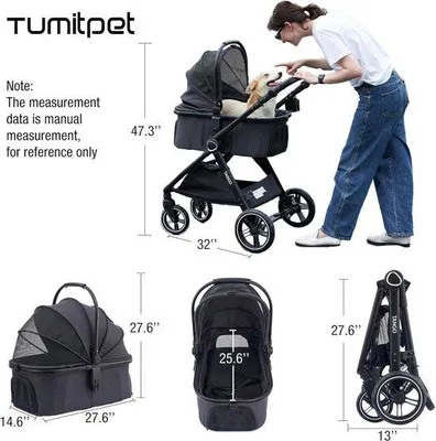 Produktbild von Famanu 3-in-1 Haustierbuggy für Kleine und Mittelgroße Hunde & Katzen - Inklappbarer Tierwagen mit Abnehmbarer Tragetasche