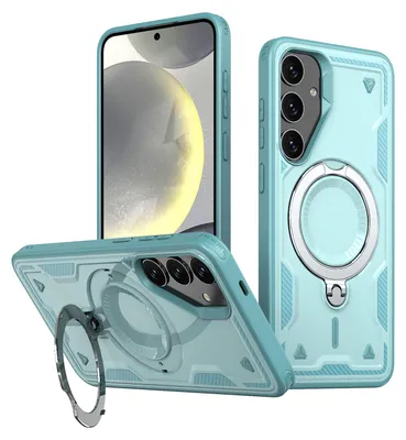 Three views of a turquoise phone case with a silver ring stand.
