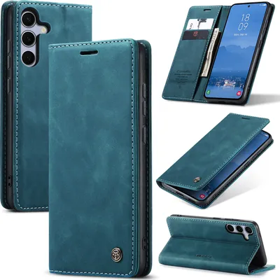 Immagine prodotto di Custodia per Samsung Galaxy S25, Custodia retrò in Finto cuoio con funzione di supporto Blu