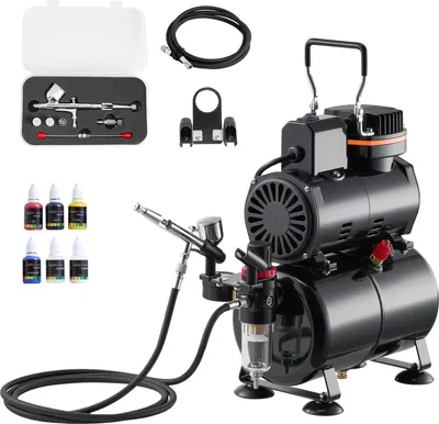 Obrázek produktu pro VEVOR airbrush set 1/6 hp se vzduchovým kompresorem a nádrží, 1 dvojčinná airbrush pistole se 3 tryskami (0,2/0,3/0,5 mm) a hadicí a akrylovou barvou a 1 ventilátor, pro zdobení dortů, malování modelů a nehtů