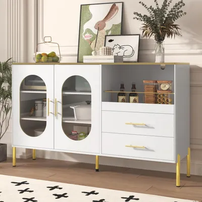 Zdjęcie produktu dla Komoda z 2 szufladami i 2 drzwiczkami szklanymi, biała, wymiary: 140x38x90 cm