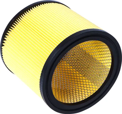A studio shot of a yellow air filter with a black rim.