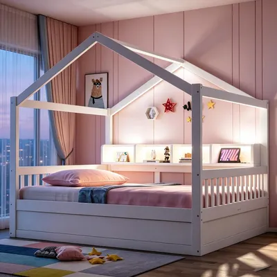 Image de Lit enfant en bois Merax 140x200 cm avec toit, lit-cabane avec espace de rangement hydraulique, barrière de sécurité, éclairage LED, prise électrique et étagères, blanc