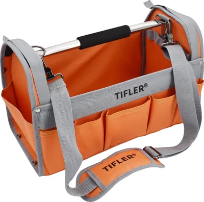 A tool bag with multiple compartments and a shoulder strap.
