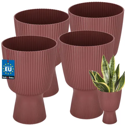 Produktbild von KOTARBAU® 4er Set Blumentopf ⌀ 18cm Orchideentopf Übertopf für Zimmerpflanzen Pflanzentopf mit Sockel Geriffelt Kelchform Kunststoff Pflanzkübel Marsala