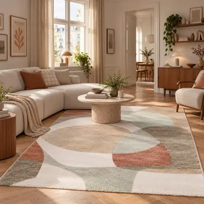 Produktbild von Designer Teppich Maui Beige Grün Modern, Größe:80x150 cm, KI-generiertes Bild