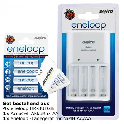 Produktbild von Stecker-Ladegerät weiß mit 4x Panasonic eneloop Standard HR-3UTG und AccuCell Akkubox AA