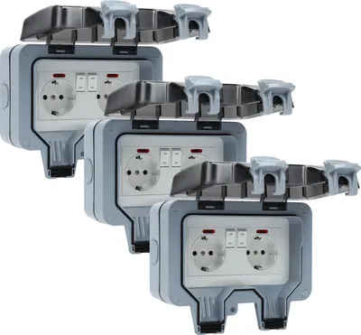 Produktbild von Hengda 3X Außensteckdose Gartensteckdose Outdoor Steckdose IP66 16A Wasserdicht Staubdicht Wandsteckdose 2 Loch mit Schalter