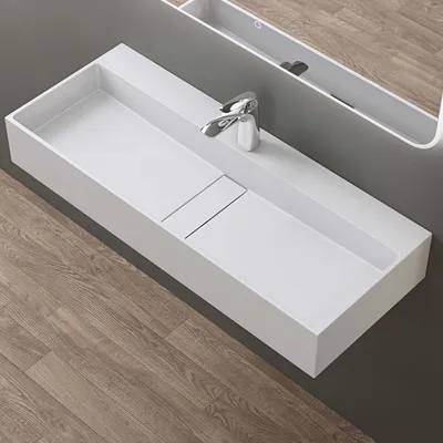 Produktbild von doporro Colossum6028, Mineralguss Waschbecken, Weiß matt, 100x40x14 cm, Hänge-/Aufsatzwaschbecken, mit Armaturloch, DIN-Anschlüsse, verdeckter Ablauf, wassersparend